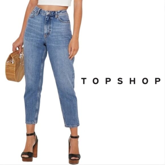 Topshop Light Blue Wash Distressed Mom Jeans Size 28 - Picture 1 of 8